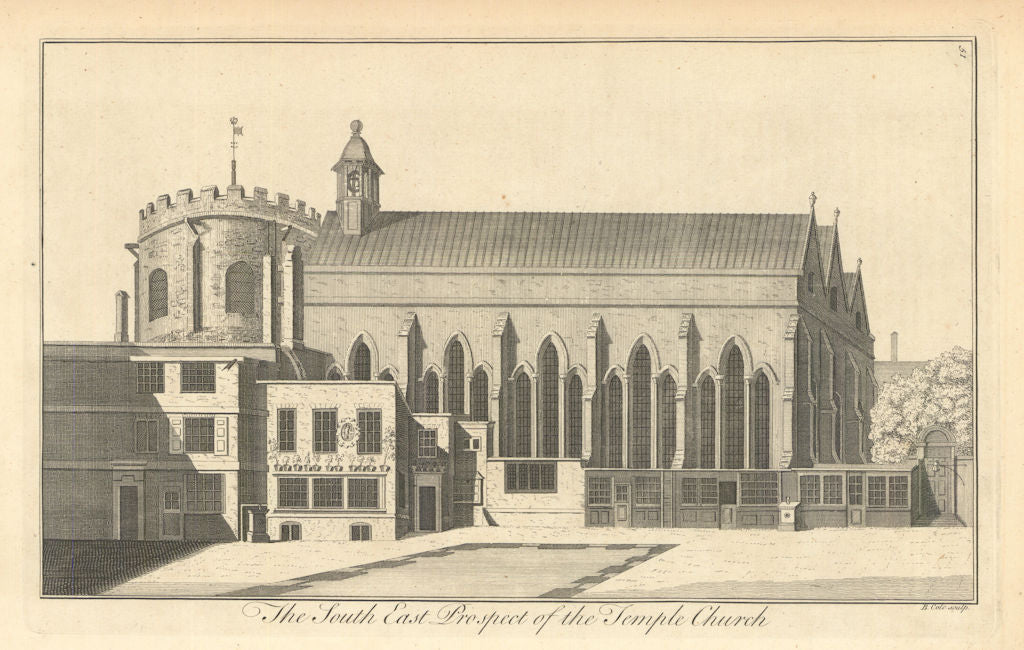 The South East Prospect of the Temple Church by Benjamin Cole 1760 old print